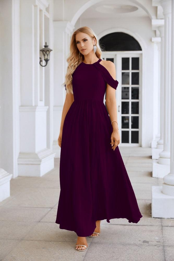 Ladies Chiffon Off Shoulder Swing Sleeve Front Slit Bridesmaid Evening Dress Wedding Party Evening Dress 28117-numbersea