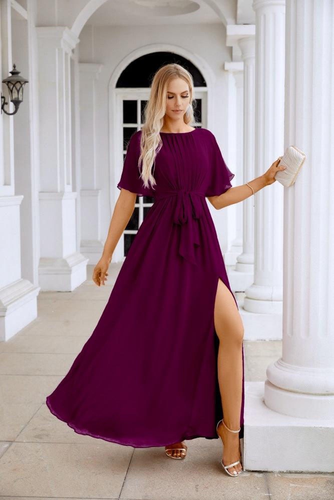 Ladies Chiffon Sleeve Crew Neck Front Slit Floor Length Bridesmaid Evening Dress Wedding Party Evening Dress 28124-numbersea