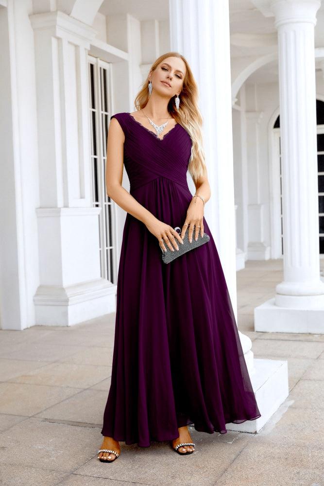 Ladies Chiffon V Neck Sleeveless Floor Length Bridesmaid Evening Dress Wedding Party Evening Dress 28126-numbersea