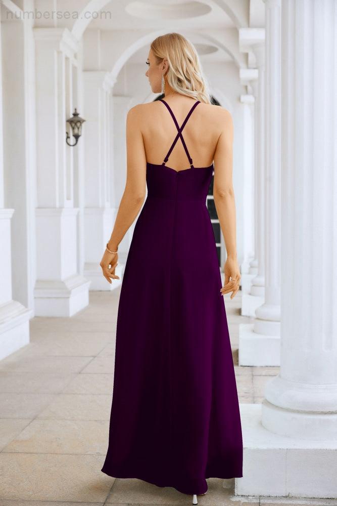 Ladies Chiffon Spaghetti Strap V Neck Front Slit Floor Length Bridesmaid Evening Dress Prom Party Wedding Evening Dress 28116-numbersea