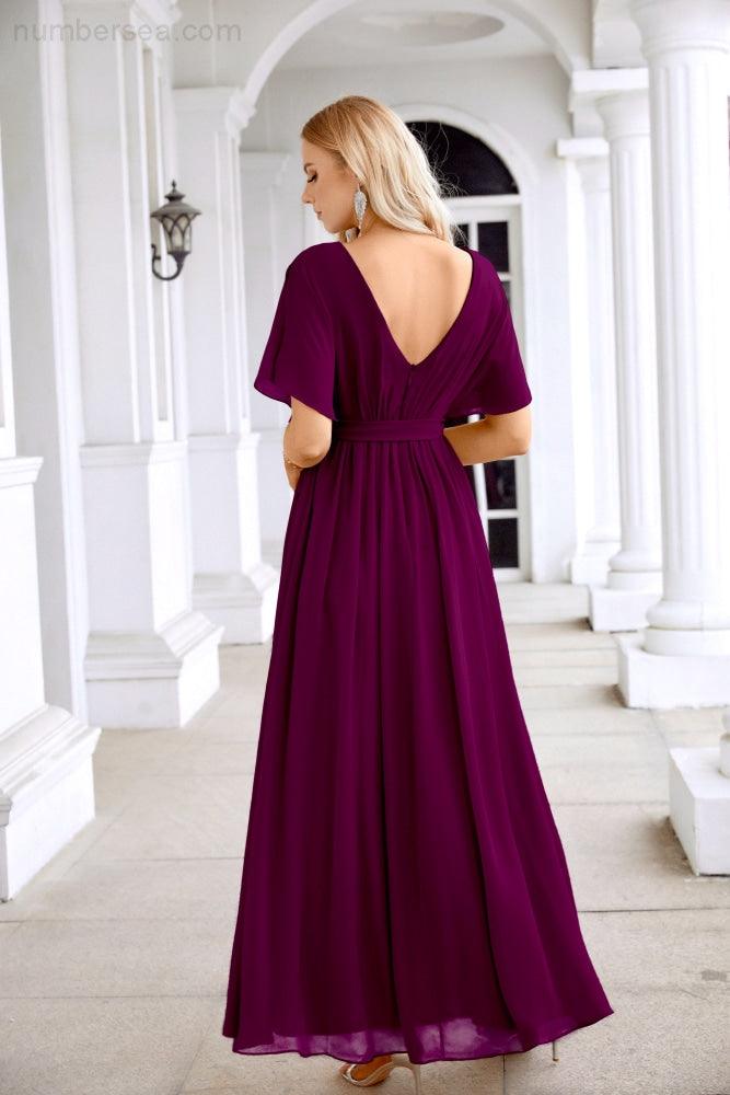 Ladies Chiffon Sleeve Crew Neck Front Slit Floor Length Bridesmaid Evening Dress Wedding Party Evening Dress 28124-numbersea