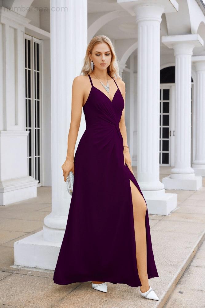 Ladies Chiffon Spaghetti Strap V Neck Front Slit Floor Length Bridesmaid Evening Dress Prom Party Wedding Evening Dress 28116-numbersea