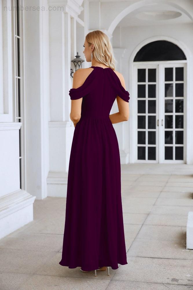 Ladies Chiffon Off Shoulder Swing Sleeve Front Slit Bridesmaid Evening Dress Wedding Party Evening Dress 28117-numbersea