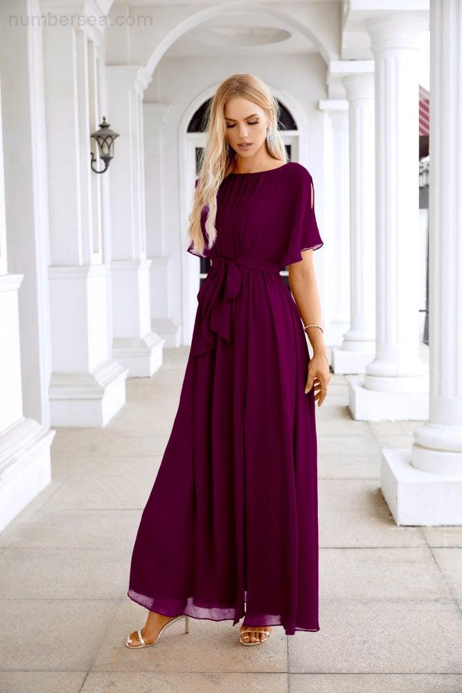 Ladies Chiffon Sleeve Crew Neck Front Slit Floor Length Bridesmaid Evening Dress Wedding Party Evening Dress 28124-numbersea