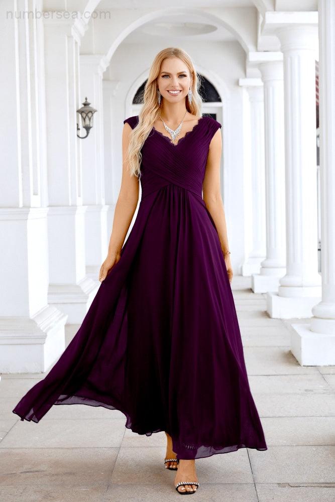 Ladies Chiffon V Neck Sleeveless Floor Length Bridesmaid Evening Dress Wedding Party Evening Dress 28126-numbersea