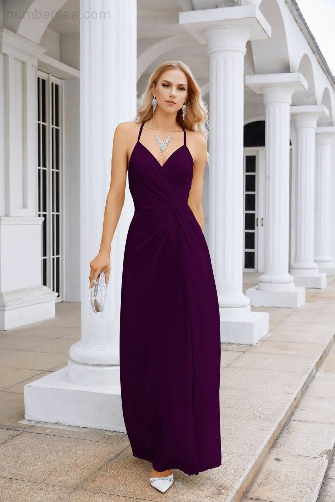 Ladies Chiffon Spaghetti Strap V Neck Front Slit Floor Length Bridesmaid Evening Dress Prom Party Wedding Evening Dress 28116-numbersea