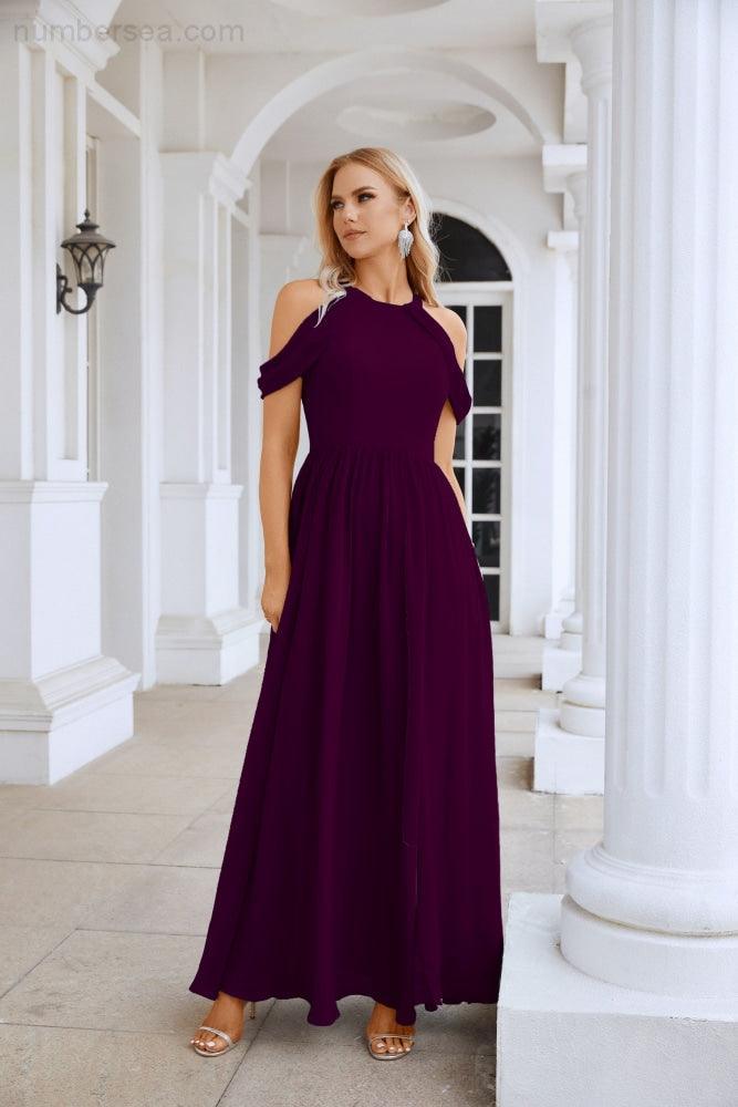 Ladies Chiffon Off Shoulder Swing Sleeve Front Slit Bridesmaid Evening Dress Wedding Party Evening Dress 28117-numbersea