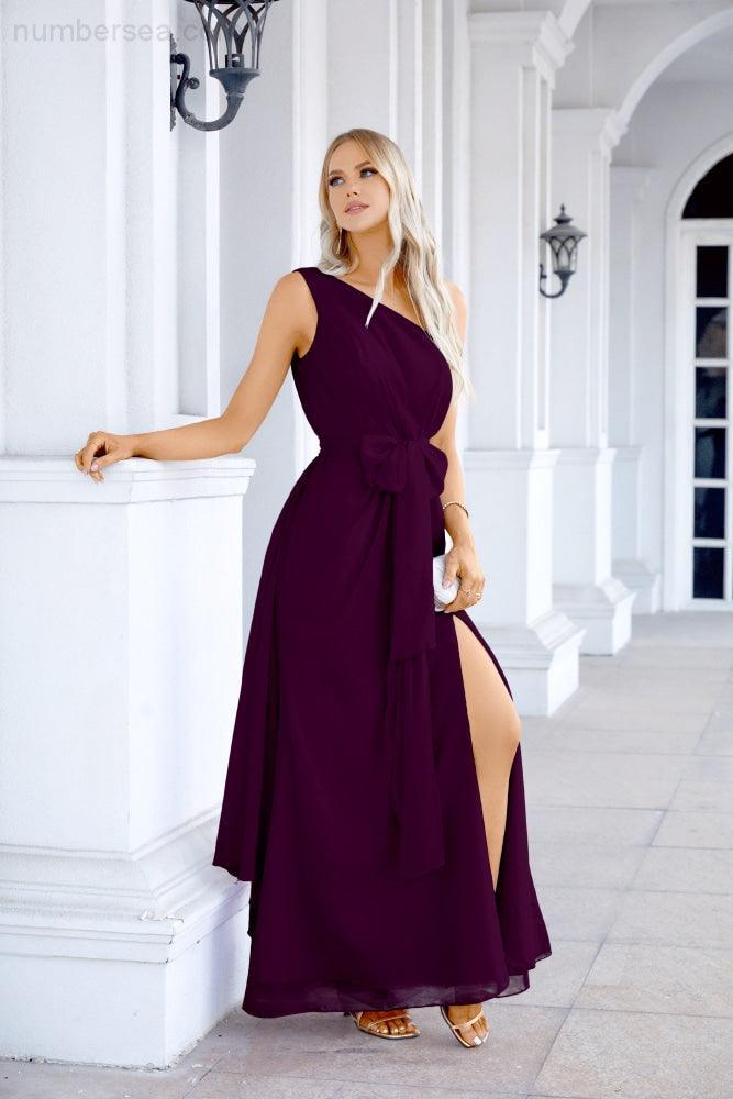 Ladies Chiffon One Shoulder Bridesmaid Evening Dress Wedding Party Evening Dress 28133-numbersea