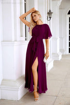 Ladies Chiffon Sleeve Crew Neck Front Slit Floor Length Bridesmaid Evening Dress Wedding Party Evening Dress 28124-numbersea