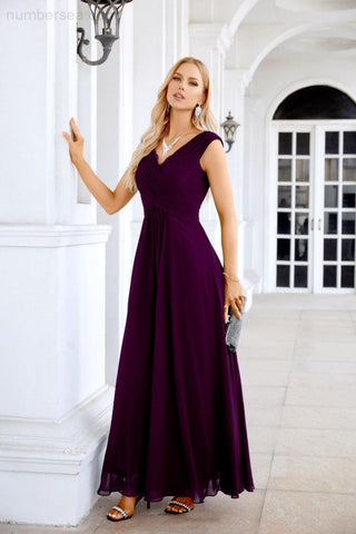 Ladies Chiffon V Neck Sleeveless Floor Length Bridesmaid Evening Dress Wedding Party Evening Dress 28126-numbersea