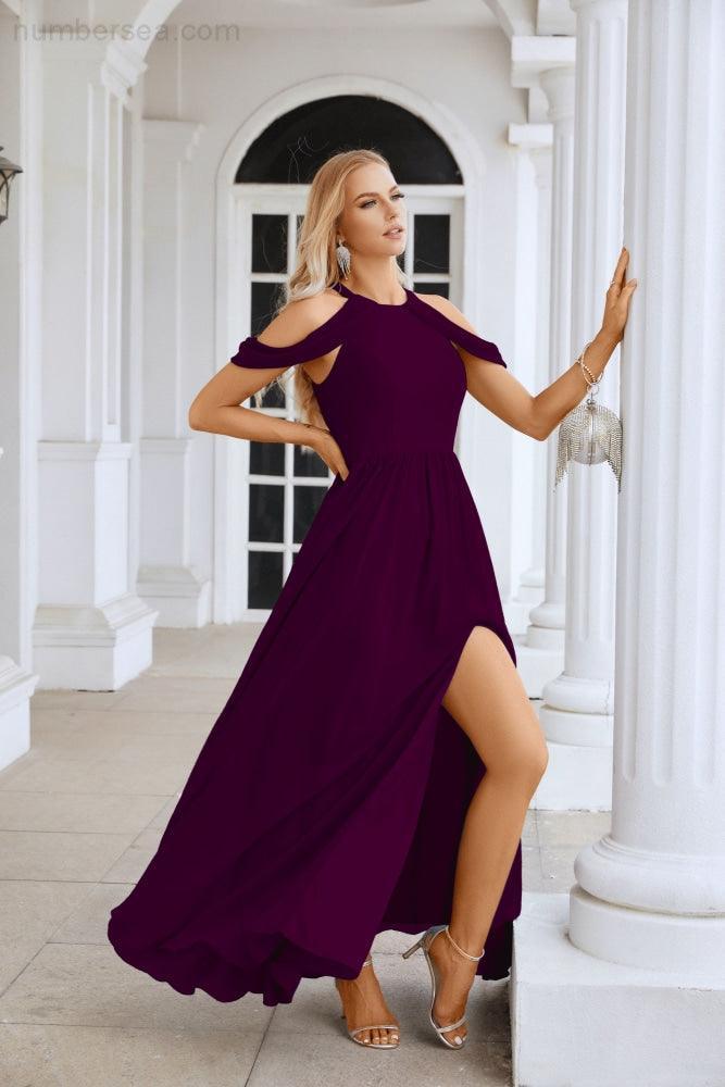 Ladies Chiffon Off Shoulder Swing Sleeve Front Slit Bridesmaid Evening Dress Wedding Party Evening Dress 28117-numbersea