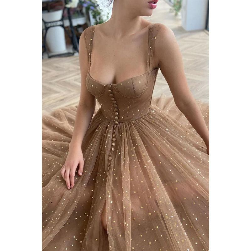 Vestido de fiesta de tul con escote en forma de corazón, tirantes finos y bolsillos 