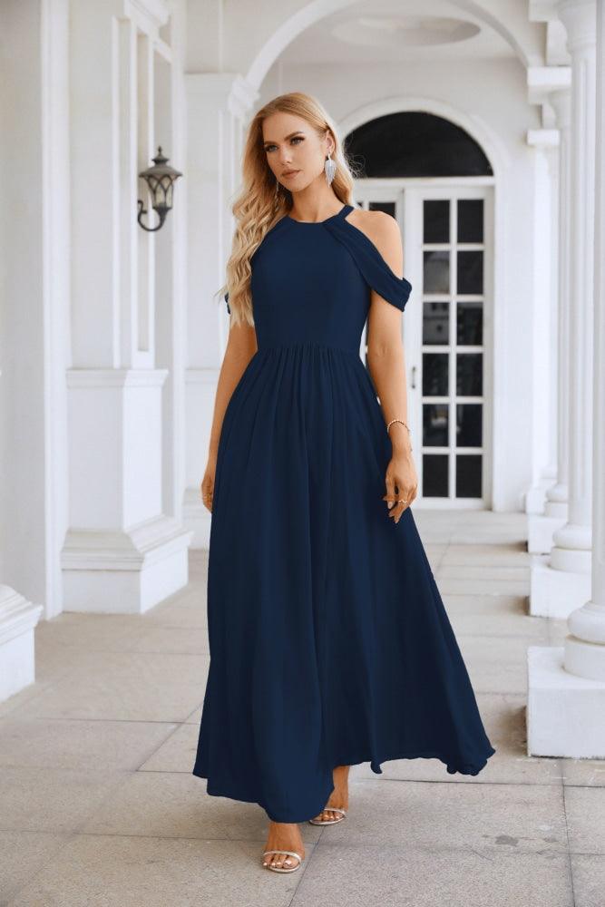 Ladies Chiffon Off Shoulder Swing Sleeve Front Slit Bridesmaid Evening Dress Wedding Party Evening Dress 28117-numbersea