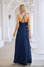 Ladies Chiffon Spaghetti Strap V Neck Front Slit Floor Length Bridesmaid Evening Dress Prom Party Wedding Evening Dress 28116-numbersea