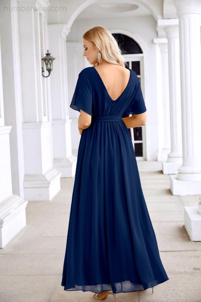 Ladies Chiffon Sleeve Crew Neck Front Slit Floor Length Bridesmaid Evening Dress Wedding Party Evening Dress 28124-numbersea