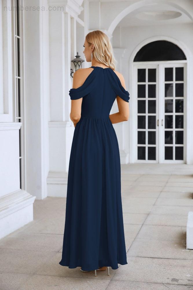 Ladies Chiffon Off Shoulder Swing Sleeve Front Slit Bridesmaid Evening Dress Wedding Party Evening Dress 28117-numbersea