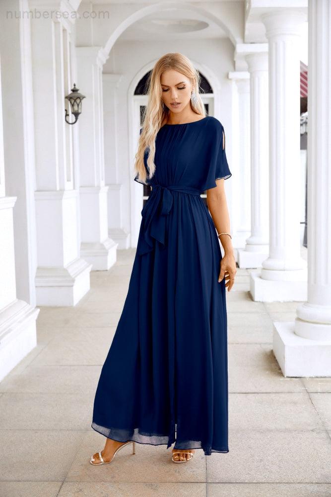 Ladies Chiffon Sleeve Crew Neck Front Slit Floor Length Bridesmaid Evening Dress Wedding Party Evening Dress 28124-numbersea