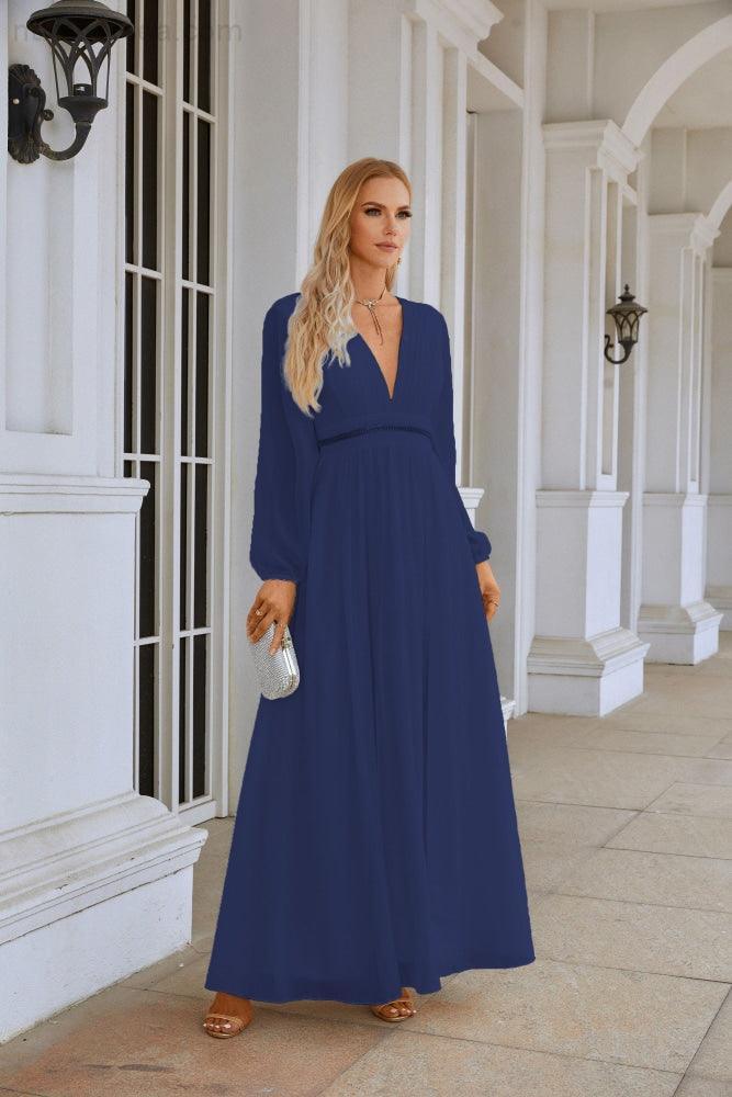Ladies V Neck Chiffon Long Sleeve Front Slit Bridesmaid Evening Dress Wedding Party Shopping Evening Dress 28109-numbersea