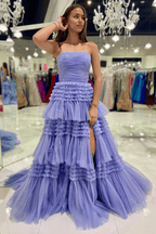 Vestido de fiesta largo de tul sin tirantes, corte A y volantes escalonados
