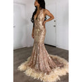 V-Neck Sleeveless Sequins Sheer Tulle Feather Mermaid Long Prom Evening Dress