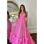 Elegantes und luxuriöses A-Linien-Party-Ballkleid mit Rüschen, V-Ausschnitt und ärmellosem Tüll