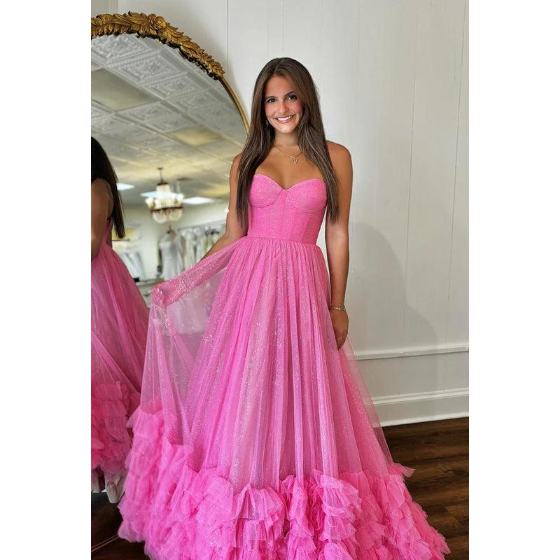 Elegantes und luxuriöses A-Linien-Party-Ballkleid mit Rüschen, V-Ausschnitt und ärmellosem Tüll