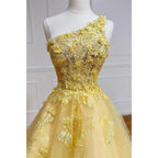 Vestido de fiesta amarillo único con apliques 3D y un solo hombro 