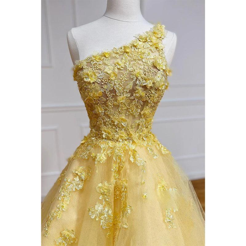 Vestido de fiesta amarillo único con apliques 3D y un solo hombro 