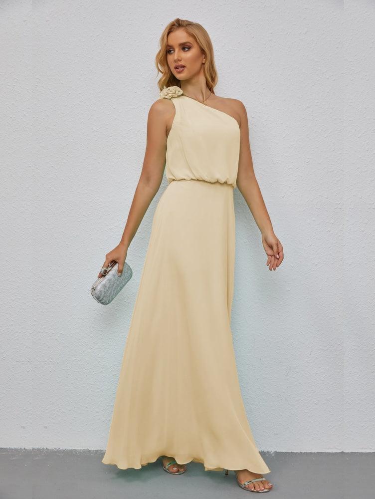Ruffled One Shoulder Sleeveless Long Bridesmaid Dresses A-line Formal Evening Gown Side Split 28080-numbersea