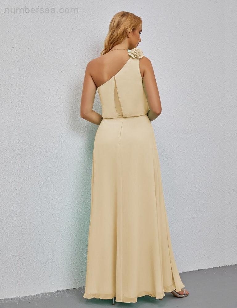 Ruffled One Shoulder Sleeveless Long Bridesmaid Dresses A-line Formal Evening Gown Side Split 28080-numbersea