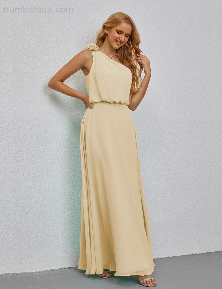 Ruffled One Shoulder Sleeveless Long Bridesmaid Dresses A-line Formal Evening Gown Side Split 28080-numbersea