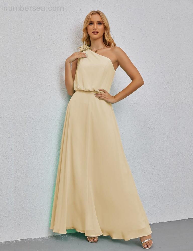 Ruffled One Shoulder Sleeveless Long Bridesmaid Dresses A-line Formal Evening Gown Side Split 28080-numbersea