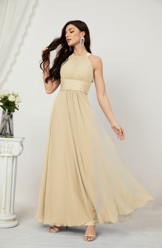 Numbersea Formal Party Gown Dress Chiffon Halter Long Sleeveless Bridesmaid Dresses 2802 Champagne
