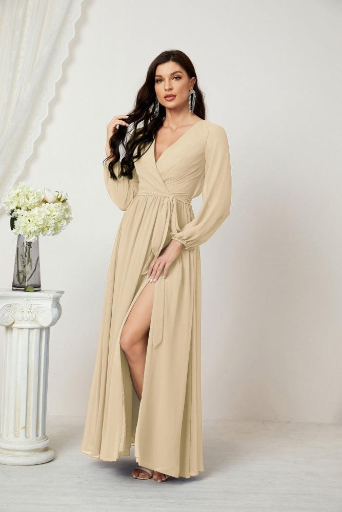 Numbersea Evening Dresses Deep V-Neck Chiffon Bridesmaid Dresses Long Bishop Sleeve Side Split Formal Dress 2806-numbersea