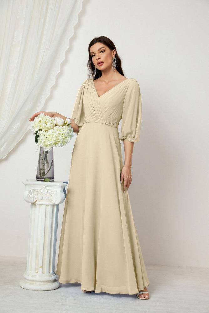 Numbersea Formal Prom Gown Women V-Neck Chiffon Bridesmaid Dresses Long Bishop Sleeve Party Dress 2807-numbersea