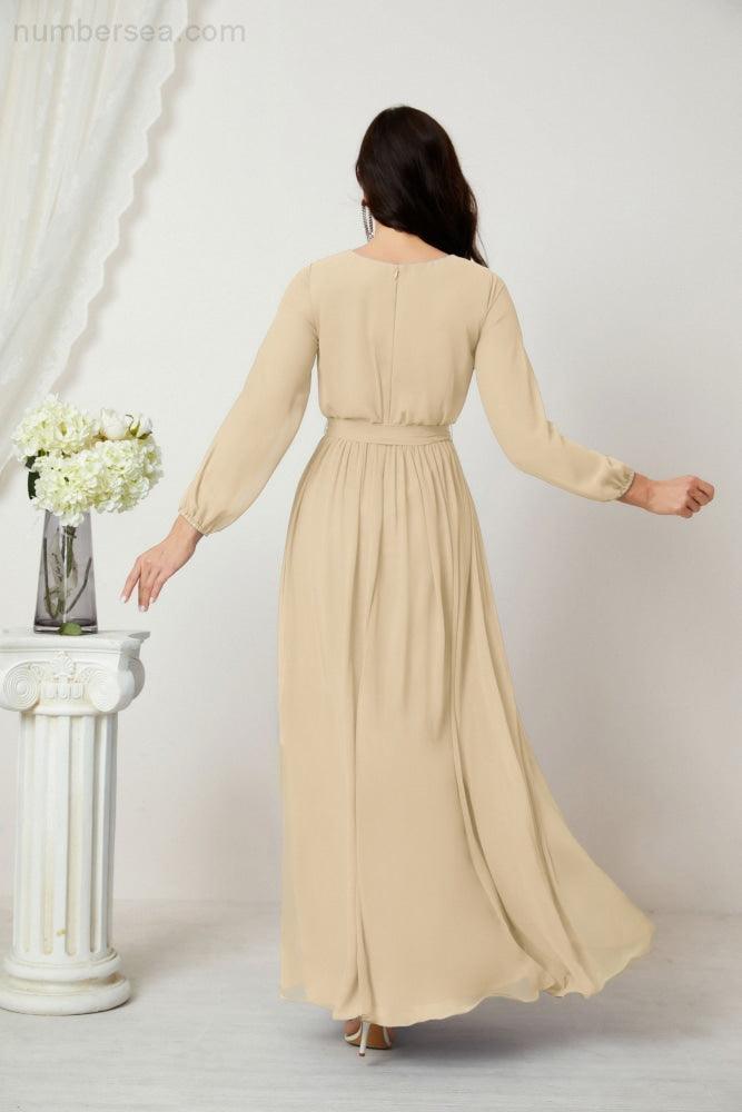 Numbersea Evening Dresses Deep V-Neck Chiffon Bridesmaid Dresses Long Bishop Sleeve Side Split Formal Dress 2806-numbersea