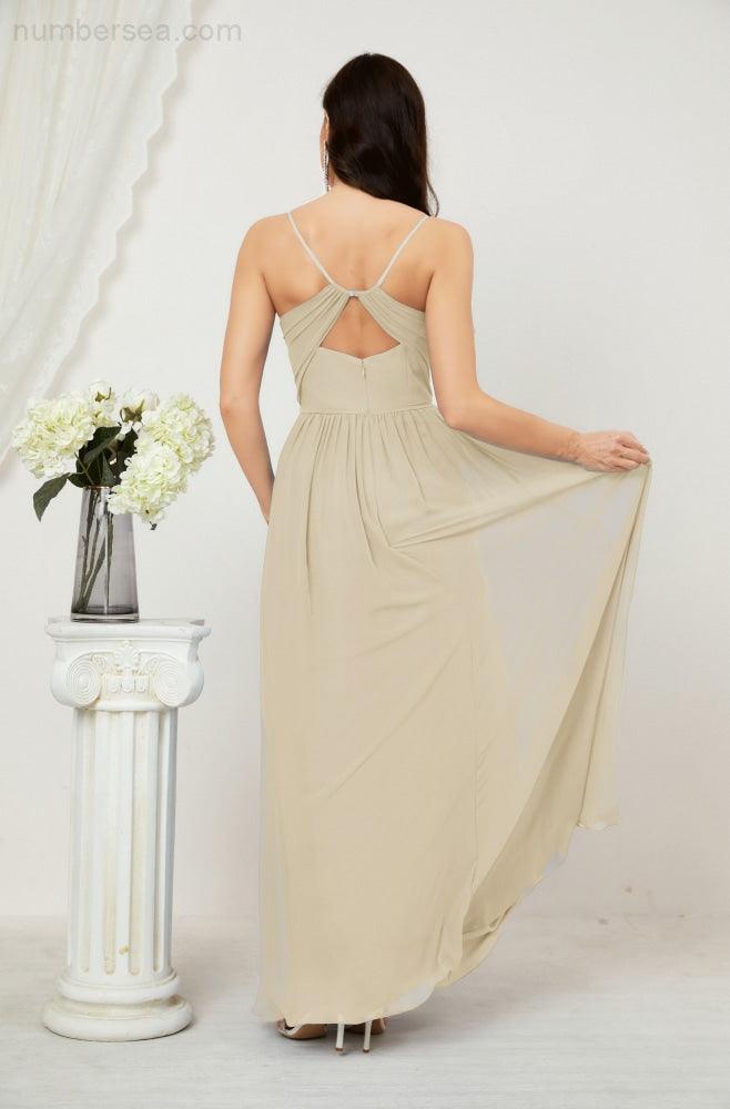 Numbersea Neck Bridesmaid Dresses Chiffon Long Spaghetti A-line Formal Prom Gown for Wedding Party Evening 2801-numbersea