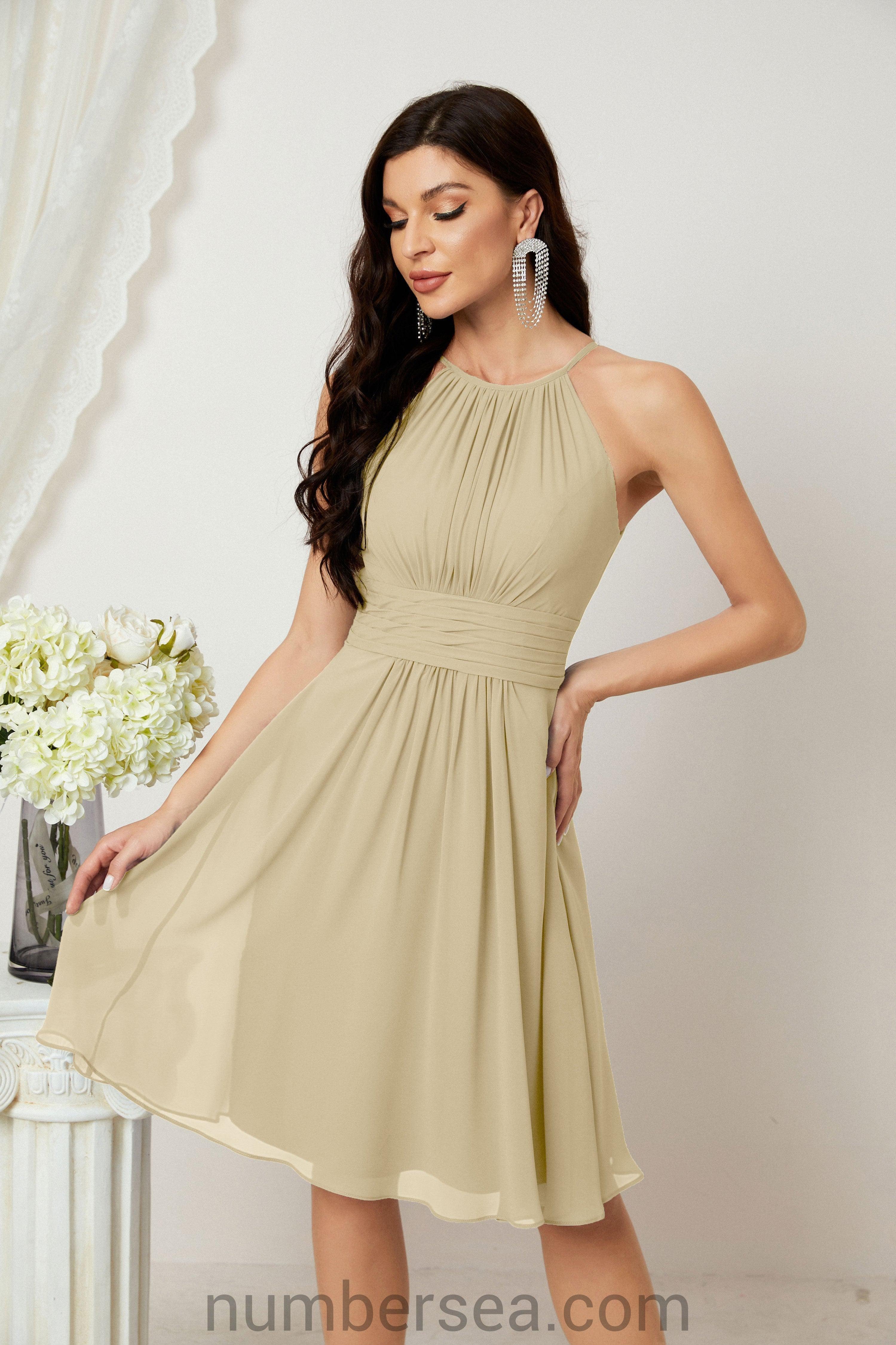 Halter Bridesmaid Dresses Knee Length A Line Formal Evening Party Cocktail Dress 28011