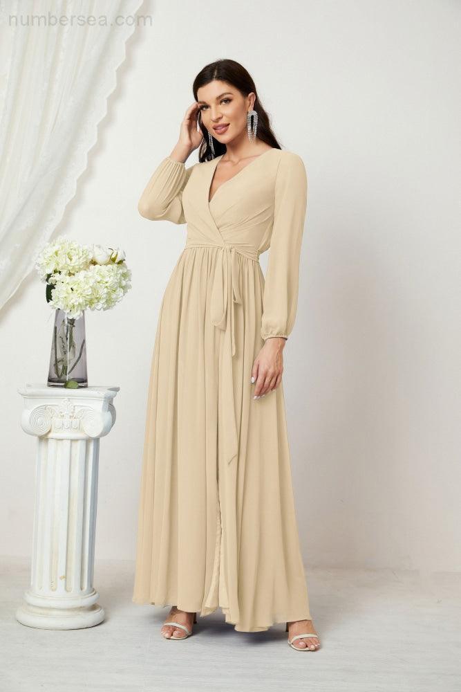 Numbersea Evening Dresses Deep V-Neck Chiffon Bridesmaid Dresses Long Bishop Sleeve Side Split Formal Dress 2806-numbersea