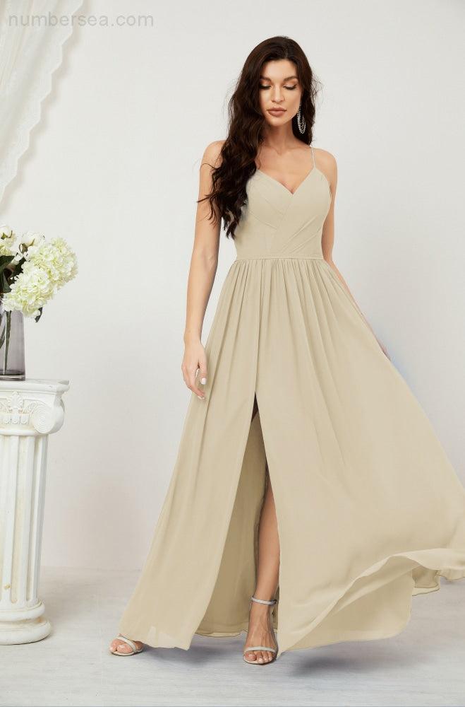 Numbersea Neck Bridesmaid Dresses Chiffon Long Spaghetti A-line Formal Prom Gown for Wedding Party Evening 2801-numbersea