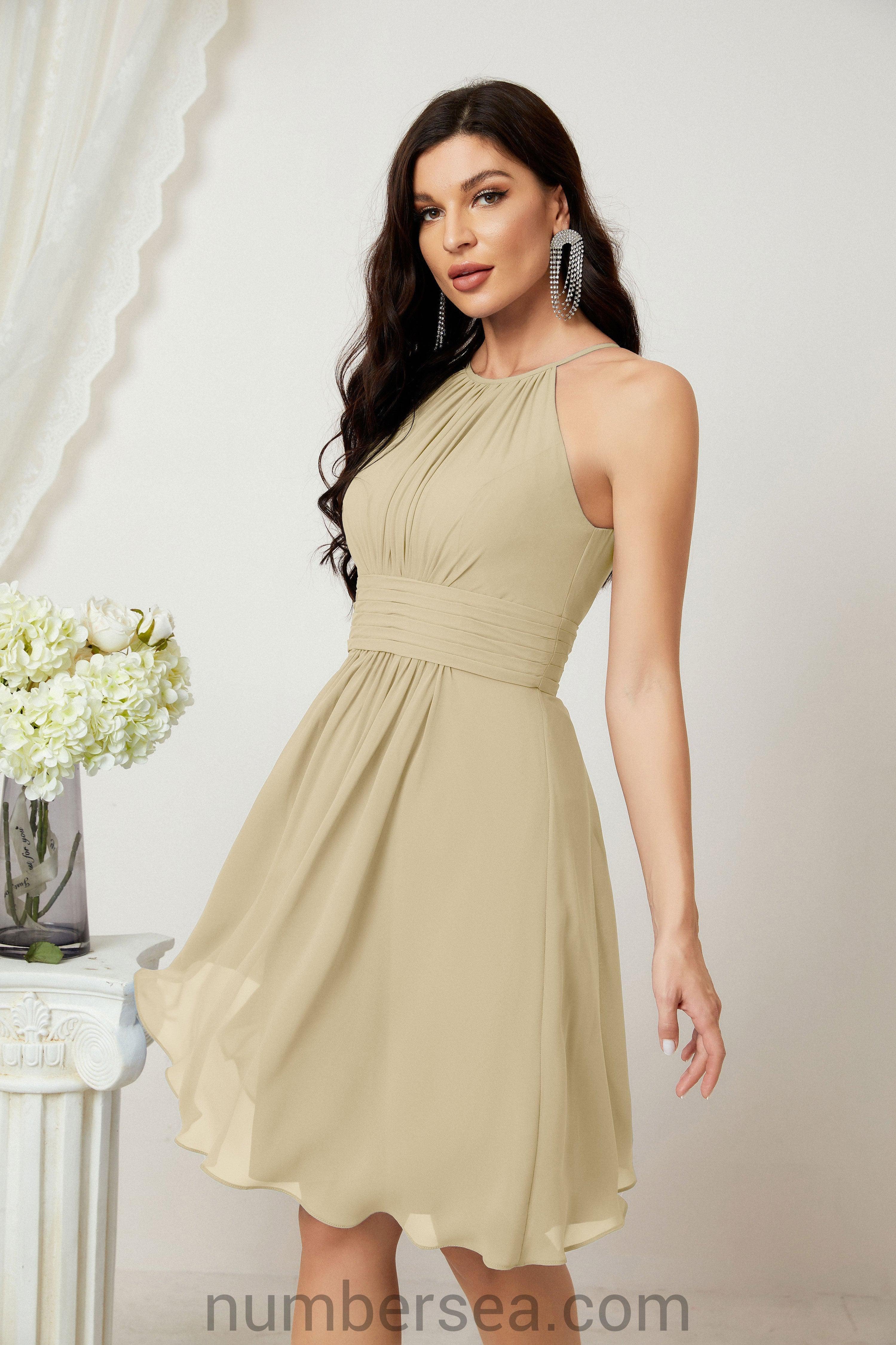 Halter Bridesmaid Dresses Knee Length A Line Formal Evening Party Cocktail Dress 28011