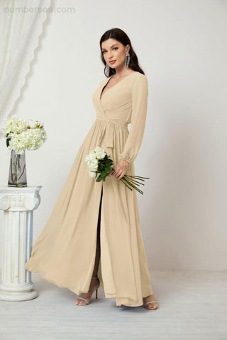 Numbersea Evening Dresses Deep V-Neck Chiffon Bridesmaid Dresses Long Bishop Sleeve Side Split Formal Dress 2806-numbersea