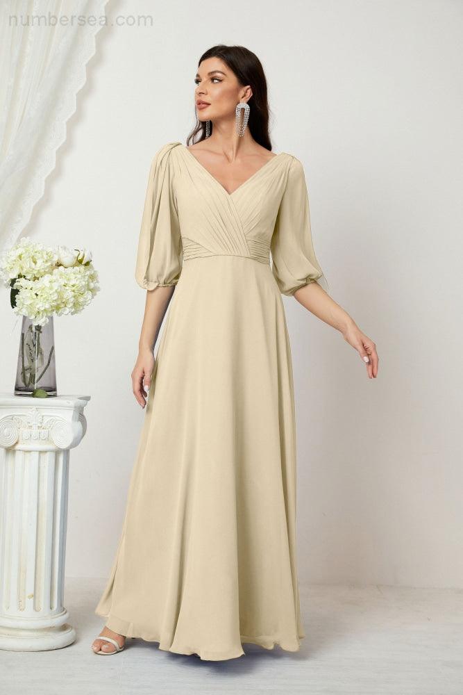 Numbersea Formal Prom Gown Women V-Neck Chiffon Bridesmaid Dresses Long Bishop Sleeve Party Dress 2807-numbersea