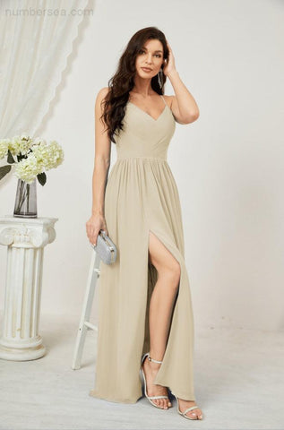 Numbersea Neck Bridesmaid Dresses Chiffon Long Spaghetti A-line Formal Prom Gown for Wedding Party Evening 2801-numbersea