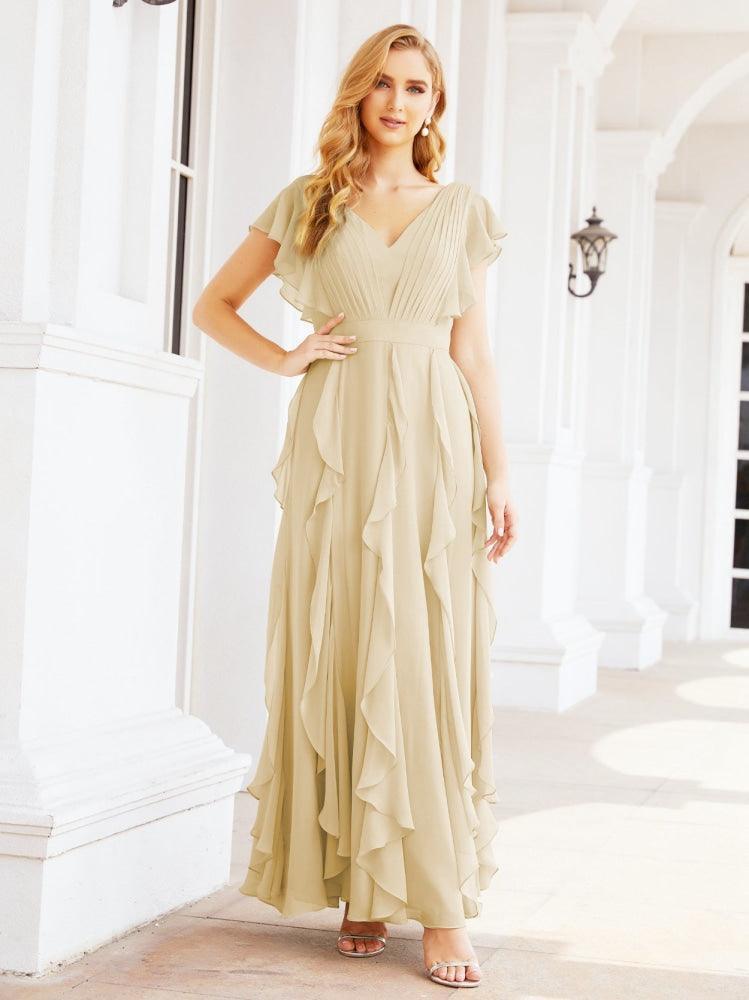 Ruffled Bridesmaid Dresses with Sleeves Long Formal Party Dress 28041-numbersea