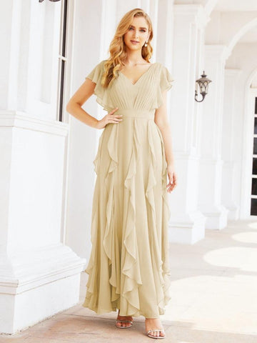 Ruffled Bridesmaid Dresses with Sleeves Long Formal Party Dress 28041-numbersea