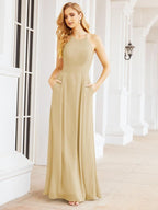 Numbersea Halter Bridesmaid Dresses with Pockets Sleeveless Formal Evening Party Prom Gowns 28055-numbersea