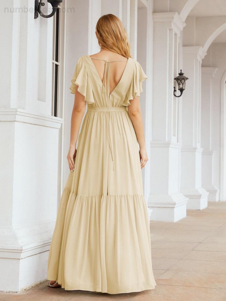 Numbersea Women's Open Back Formal Evening Party Prom Gowns V-Neck Long Chiffon Bridesmaid Dresses with Waist Belt 28038-numbersea