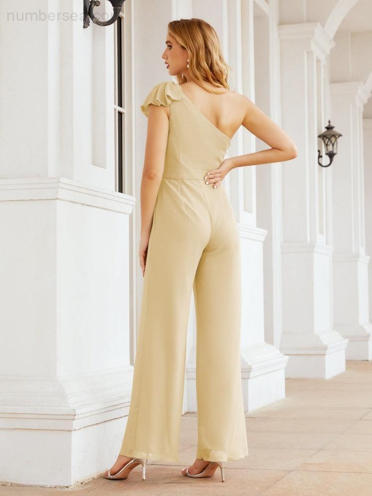 Numbersea Womens One Shoulder Chiffon Long Jumpsuit Formal Evening Dress Bridesmaid Dresses Pants