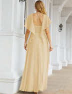 Numbersea Chiffon Bridesmaid Dresses Long Formal Evening Prom Mother of The Bride Dress with Flutter Sleeve     SEA28040